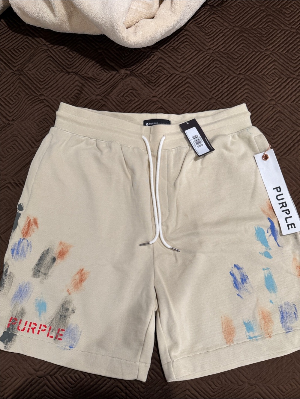 Purple Men’s Cream Paint-Effect Drawstring Hybrid Shorts